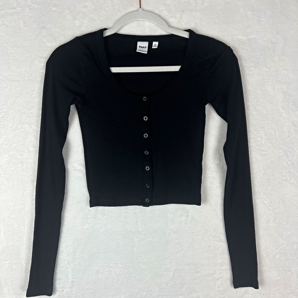 TNA Aritzia Homestretch Button-Up Black XS Cropped Ribbed Long Sleeve Top XS